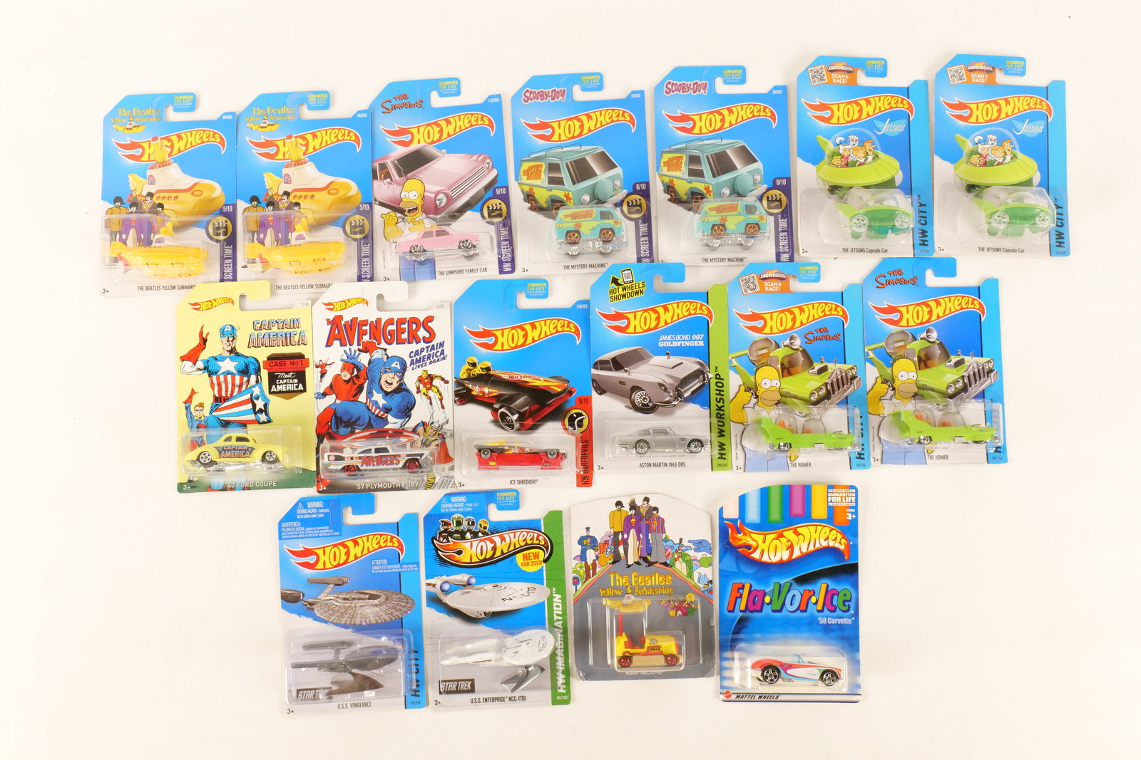 Lot of 17 Hot Wheels Cars: Lot of 17 Hot Wheels Cars. Including The Avengers, The Simpsons, The Jetsons, The Beatles, 007 and More. Some duplicates. Cards have some wear. All invoices must be paid within 24 hours of the sale. W