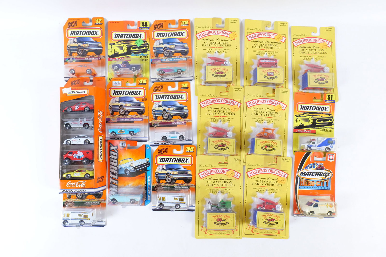 Lot of Various Matchbox Cars: Lot of Various Matchbox Cars. Including Recreations, Gift Pack and Other Various Carded Cars. All in Package. Packaging has some wear. All invoices must be paid within 24 hours of the sale. We offer m