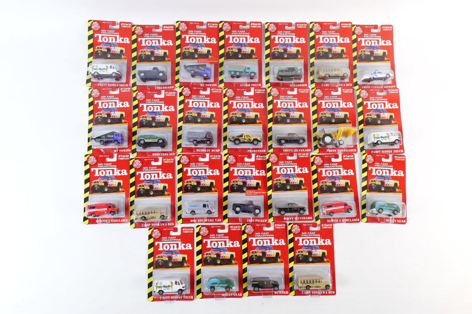 Lot of 25 Tonka Diecast Cars: Lot of 25 Tonka Diecast Cars. Including Storm Truck, Hummer, 1956 Pickup, Mercedes SUV, Camp Tonkawa Bus, and More. All sealed in package. Packaging has some wear. All invoices must be paid within 24 