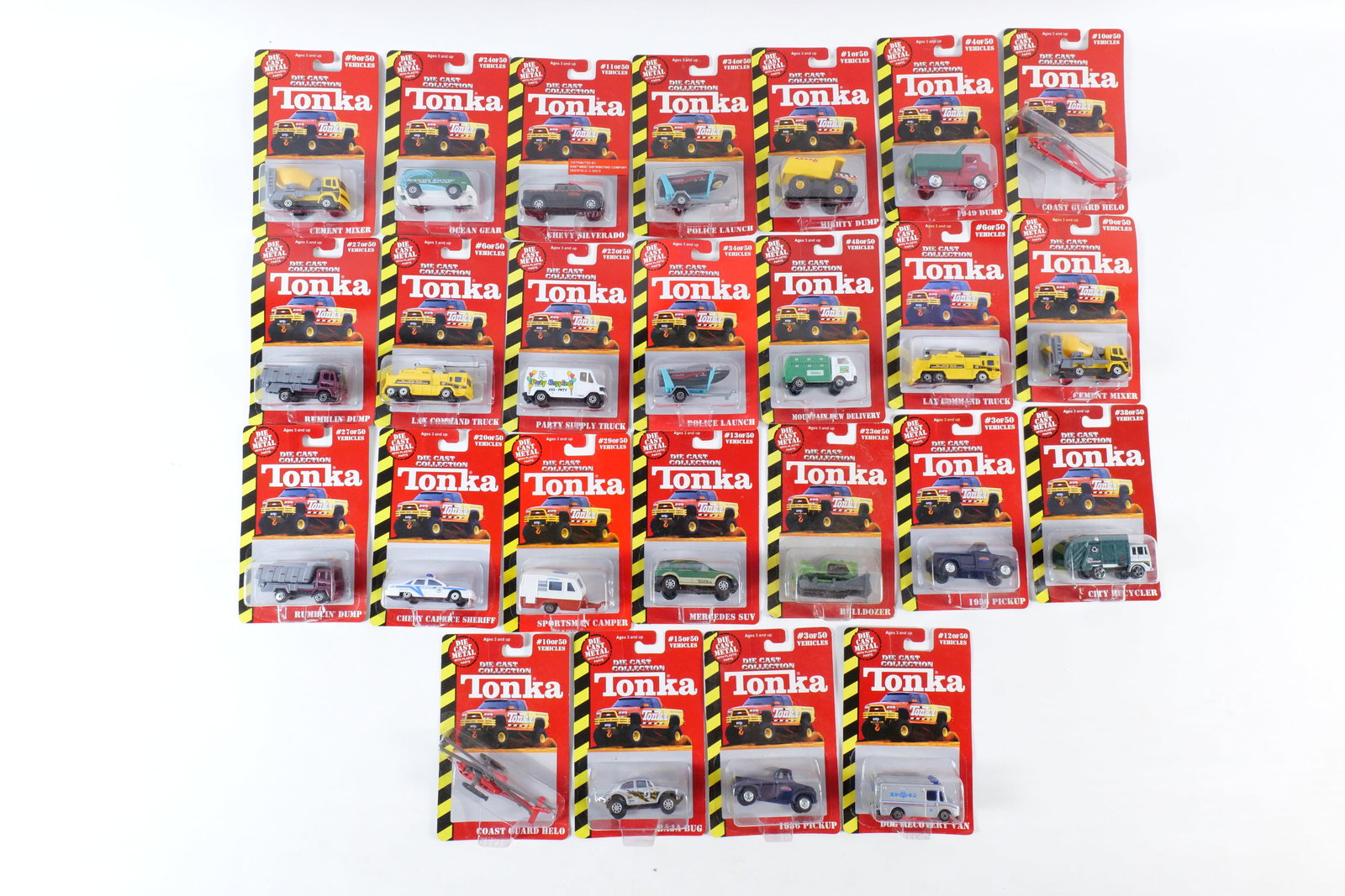Lot of 25 Tonka Diecast Cars: Lot of 25 Tonka Diecast Cars. Including Chevy Silverado, Baja Bug, Ocean Gear, Chevy Caprice Sheriff, LAX Command Truck and More. All sealed in package. Packaging has some wear. All invoices must be p