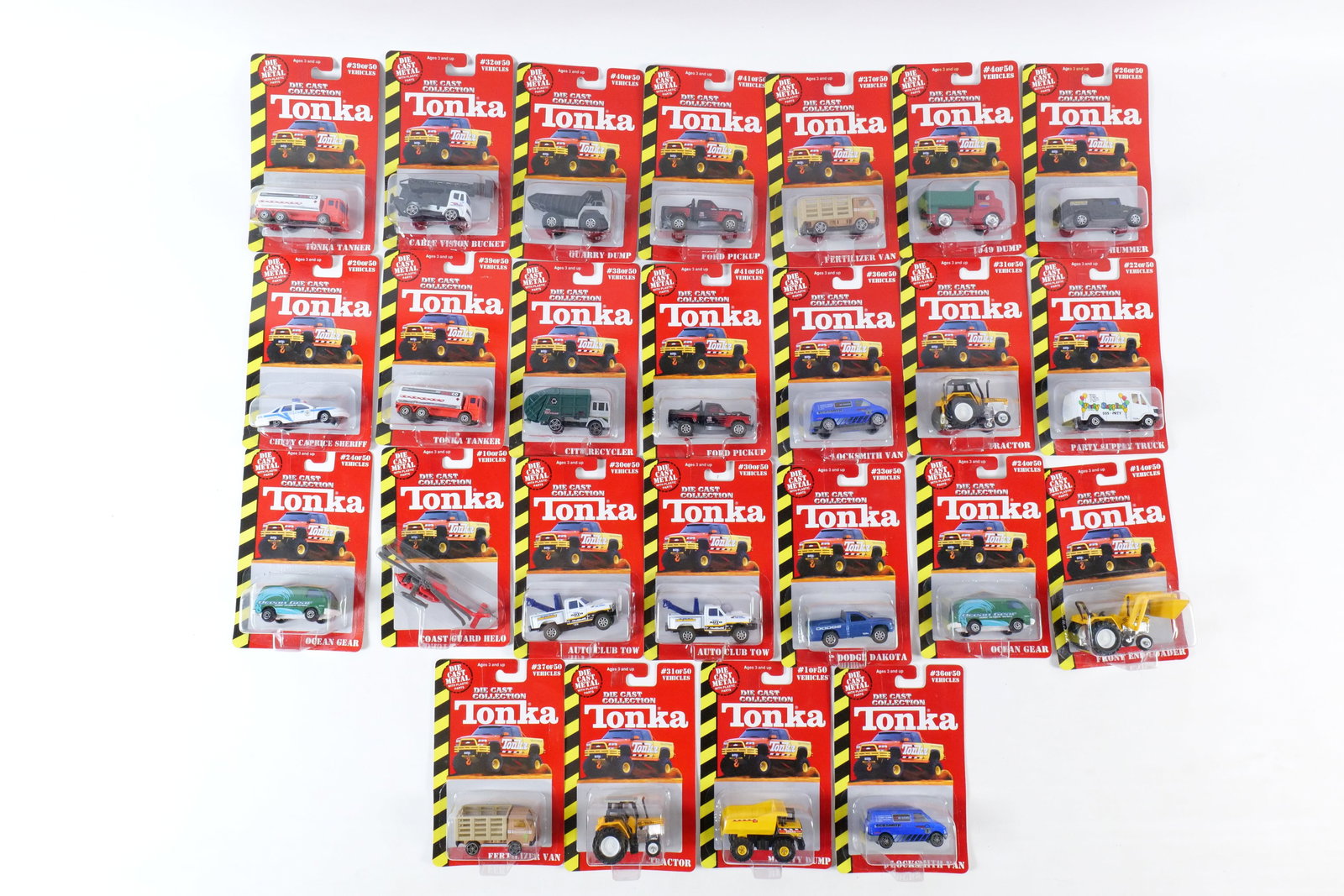 Lot of 25 Tonka Diecast Cars: Lot of 25 Tonka Diecast Cars. Including Ocean Gear, Tractor, Coast Guard Helo, Quarry Dump, Party Supply Truck and More. All sealed in package. Packaging has some wear. All invoices must be paid withi