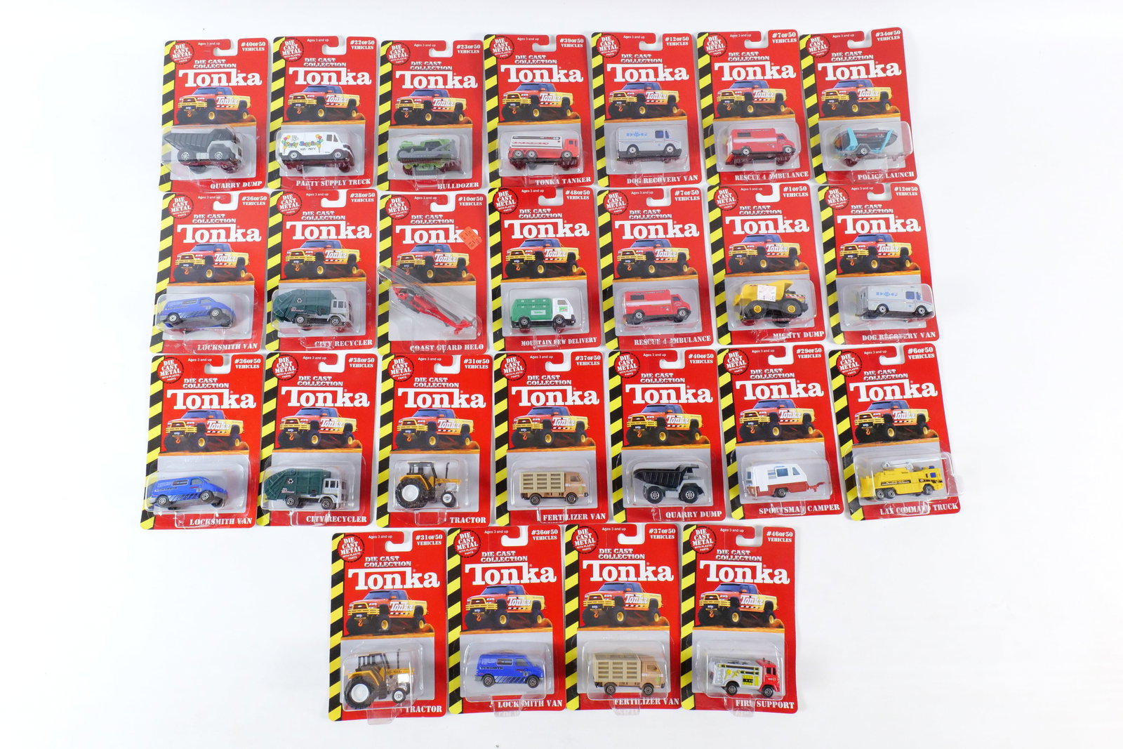 Lot of 25 Tonka Diecast Cars: Lot of 25 Tonka Diecast Cars. Including Locksmith Van, Mountain Dew Delivery, City Recycle, Police Launch, Fertilizer Van and More. All sealed in package. Packaging has some wear. All invoices must be