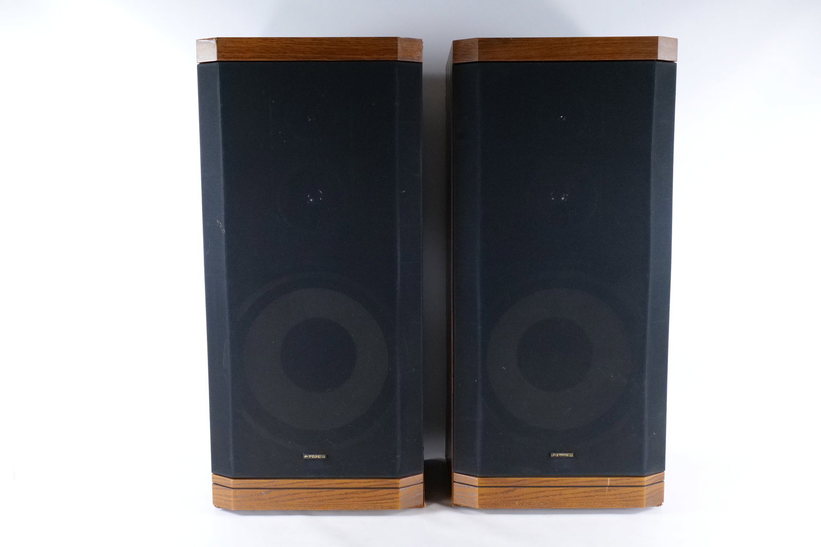 Pair of Vintage Fisher STV-732 3-Way Floor Speakers: Pair of Vintage Fisher STV-732 3-Way Floor Speakers. Massive 15" Woofers - 150W. Circa 1980's. Made in the USA. Particle Board laminated with simulated wood grain finish. Has come chipping and loss to