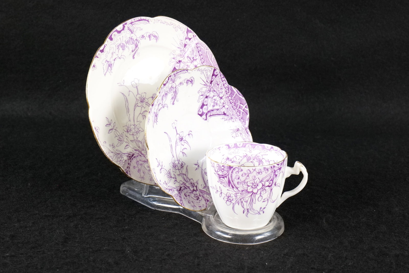 Antique Wileman & Co. Porcelain Tea Trio: Antique Wileman & Co. Porcelain Tea Trio. Alexandra Shape - Mulberry Purple Floral Pattern. #4718. This Shelley Collection came from the Judy and Jerry Silverman Collection. Most of the collection was