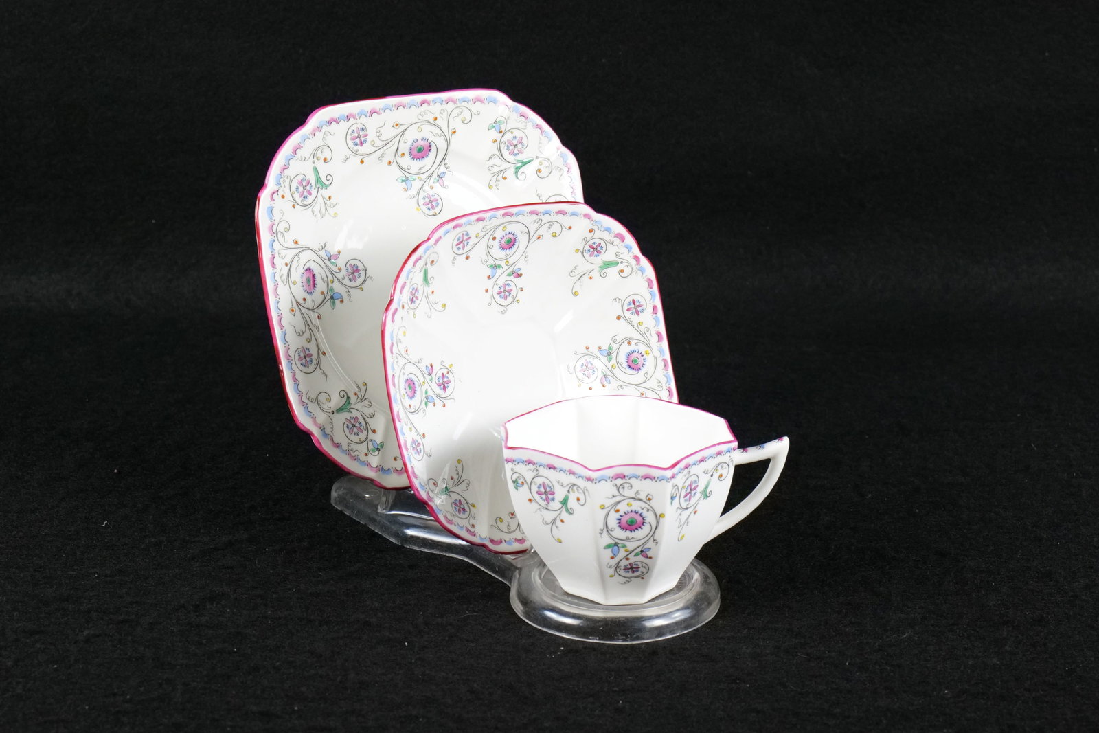 Vintage Shelley Queen Anne "Pink Scroll" Trio: Vintage Shelley Queen Anne "Pink Scroll" Trio. Pattern #11502. Circa 1926. Octagonal Shaped Saucer and Plate. Hairline crack on saucer. This Shelley Collection came from the Judy and Jerry Silverman C