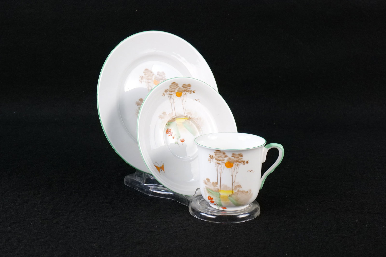 Shelley Bone China Cornfield with Butterflies Tea Trio: Shelley Bone China Cornfield with Butterflies Tea Trio. Book says Henley Shaped - Looks more like Dorothy or Empire to me. Pattern #2234. Circa 1940's-60's. This Shelley Collection came from the Judy 