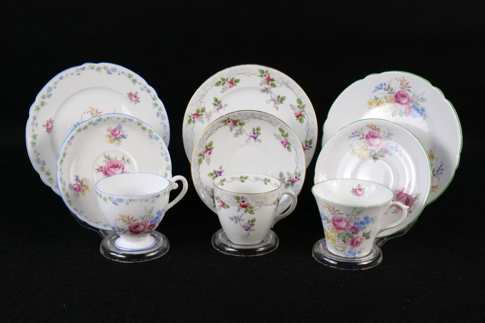 Lot of 3 Shelley Bone China Rose Pattern Tea Trios (1 of 18)
