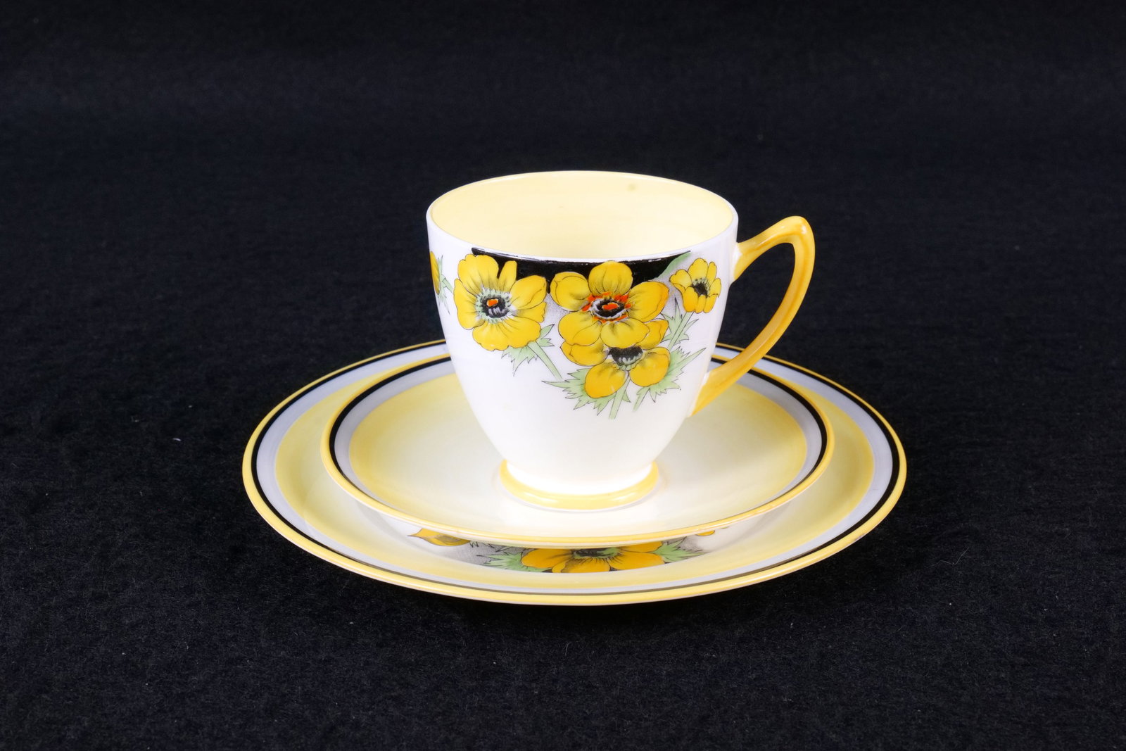 Vintage Art Deco Shelley Yellow Anemone Tea Trio: Vintage Art Deco Shelley Yellow Anemone Tea Trio. York Shape - Pattern #12147. Circa 1933-1940. This Shelley Collection came from the Judy and Jerry Silverman Collection. Most of the collection was ph