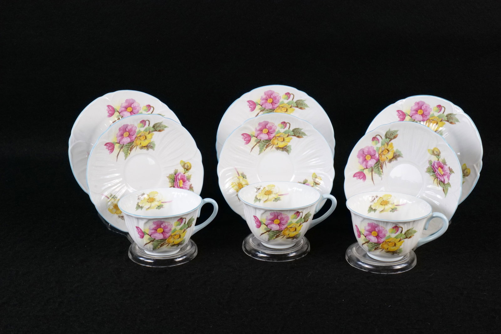 Lot of 3 Shelley Dainty "Begonia" Teacup Trios: Lot of 3 Shelley Dainty "Begonia" Teacup Trios. Circa 1940's-60's.This Shelley Collection came from the Judy and Jerry Silverman Collection. Most of the collection was photographed and featured in the