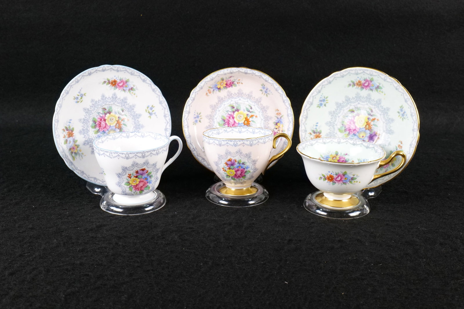 Lot of 3 Shelley Crochet Pattern Teacups and Saucers: Lot of 3 Shelley Crochet Pattern Teacups and Saucers. Including #13371 Gainsborough Mint Green, #13371 Rippon Shaped in Lavender/Pink, and #13303 Richmond Shaped. This Shelley Collection came from the