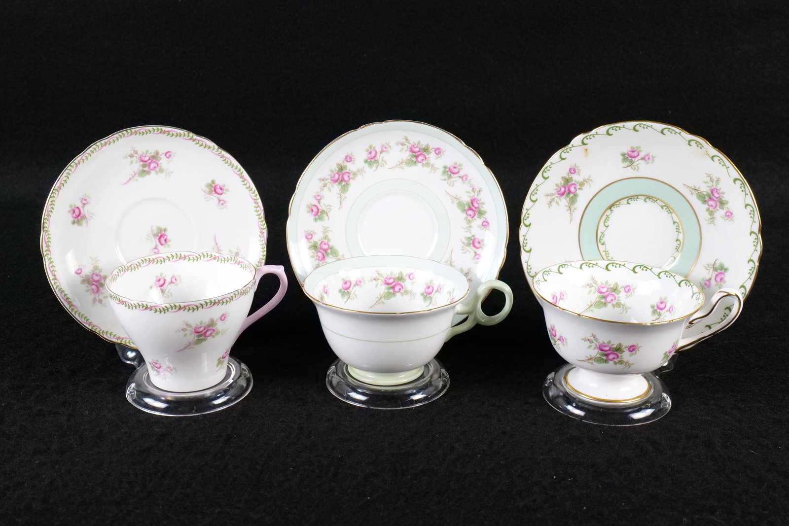 Lot of 3 Shelley Rose Spray/Pink Roses Tea Cups and Saucers: Lot of 3 Shelley Rose Spray/Pink Roses Tea Cups and Saucers. Including Gainsborough #13559, Chester #13247, and Regent #13525. This Shelley Collection came from the Judy and Jerry Silverman Collection