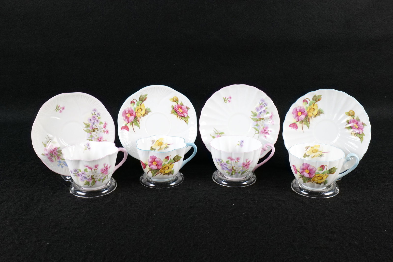 Lot of 4 Shelley Floral Teacup and Saucer Sets: Lot of 4 Shelley Floral Teacup and Saucer Sets. Including 2 x Stocks #13428 in Dainty and Ludlow and 2 x Begonia #13427 in Dainty and Ludlow. This Shelley Collection came from the Judy and Jerry Silve