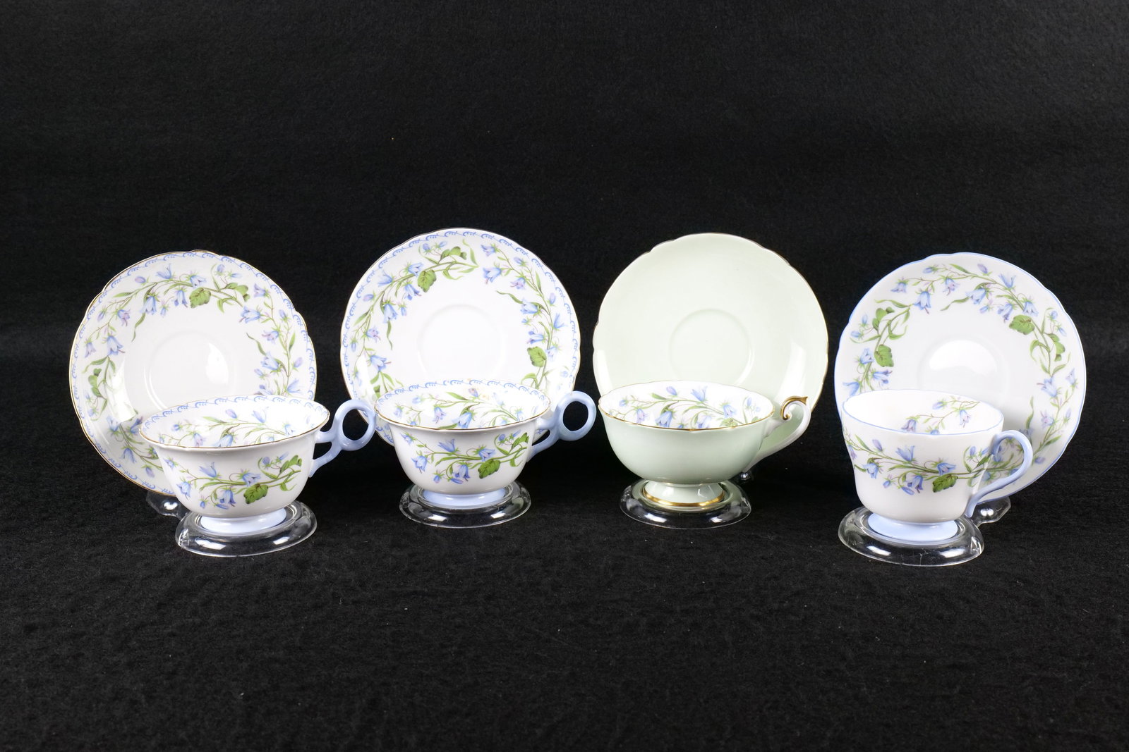 Lot of 4 Shelley Harebell Teacup and Saucers: Lot of 4 Shelley Harebell Teacup and Saucers. Including Henley #13590, 2 x Chester #13544 and Lincoln Green #14251. This Shelley Collection came from the Judy and Jerry Silverman Collection. Most of t