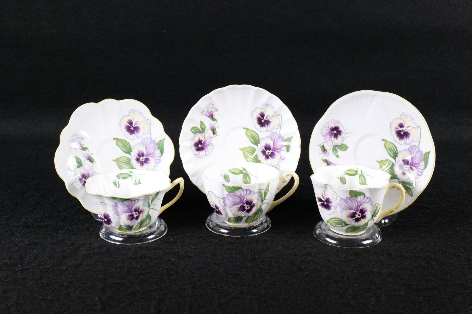 Lot of 3 Shelley Pansy Teacups and Saucers: Lot of 3 Shelley Pansy Teacups and Saucers. All #13826. In Dainty, Stratford, and Ludlow Shapes. This Shelley Collection came from the Judy and Jerry Silverman Collection. Most of the collection was p