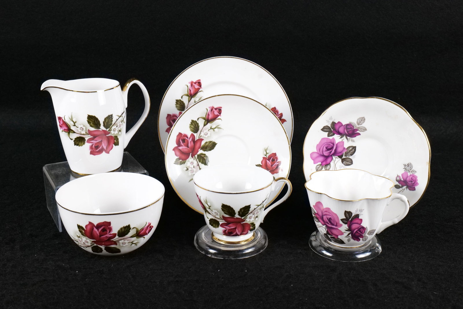 Shelley Bone China Deep Red Rose Collection: Shelley Bone China Deep Red Rose Collection. Including Trio Richmond Shaped, Dainty Teacup and Saucer, Large Creamer, and Open Sugar. The Saucer with the Richmond Style Cup has an imperfection to the 