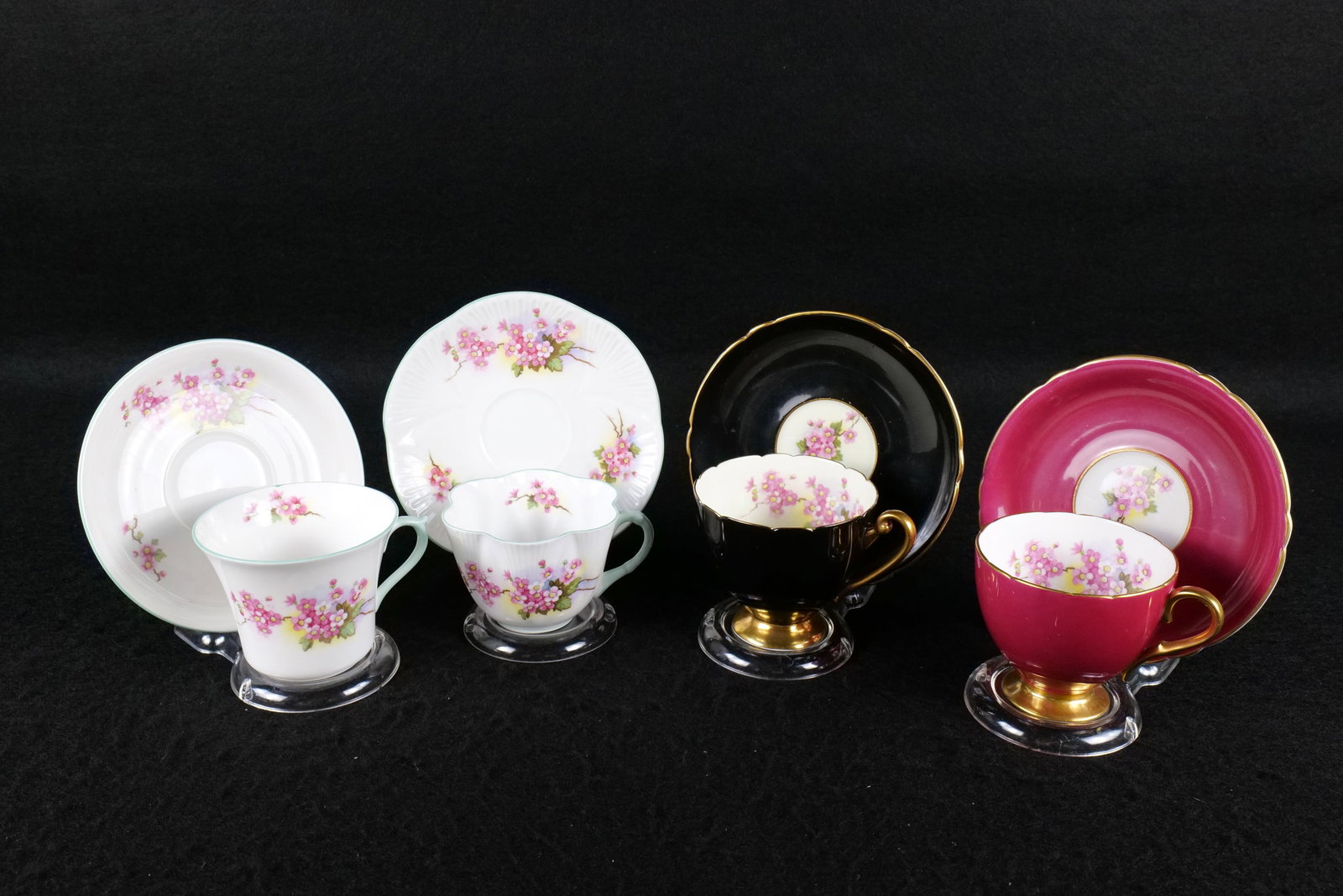 Lot of 4 Shelley "Blossom" Teacups and Saucers: Lot of 4 Shelley "Blossom" Teacups and Saucers. Including Ripon Black #13460, Ripon Maroon #13460, Dainty #13429, and Dorothy #13429. This Shelley Collection came from the Judy and Jerry Silverman Col