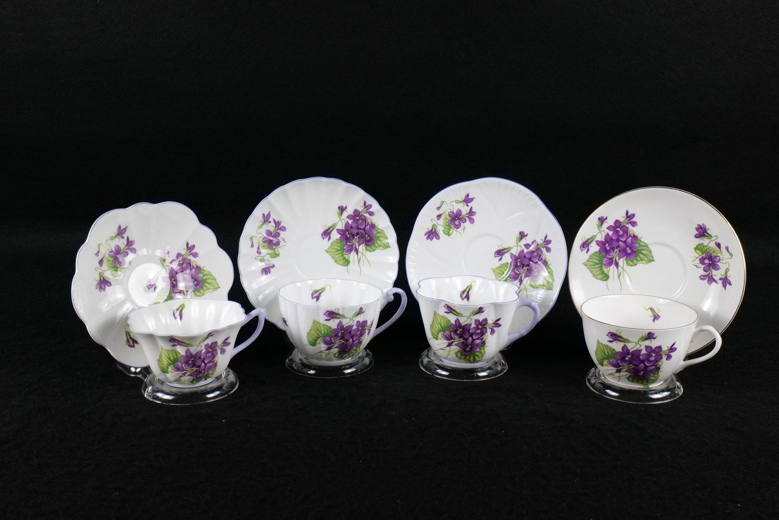 Lot of 4 Shelley "Violets" Teacups and Saucers: Lot of 4 Shelley "Violets" Teacups and Saucers. Pattern #13821. Including Stratford, Bute, Dainty and Ludlow. This Shelley Collection came from the Judy and Jerry Silverman Collection. Most of the col