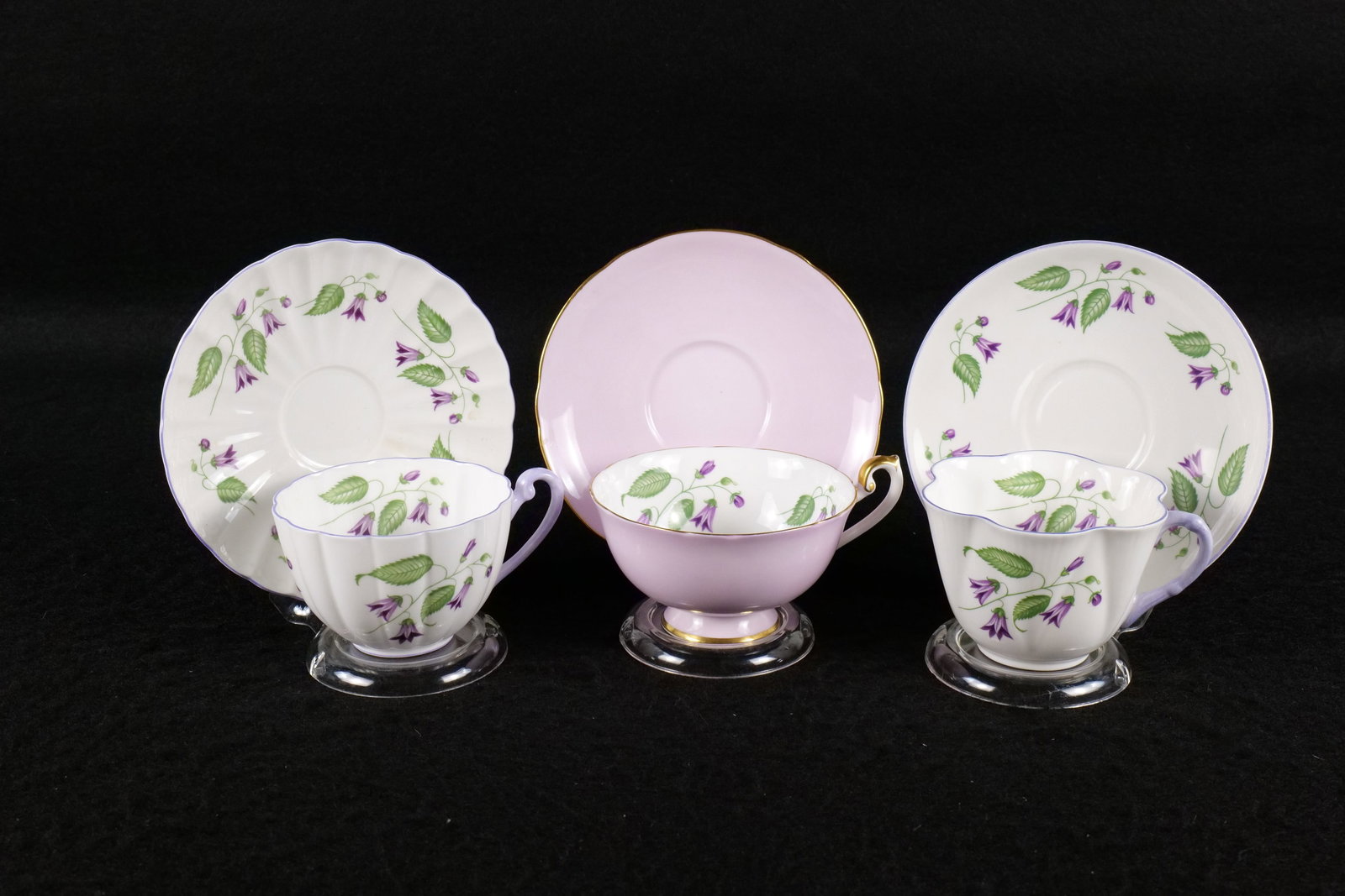 Lot of 3 Shelley "Campanula" Teacups and Saucers: Lot of 3 Shelley "Campanula" Teacups and Saucers. Including Lavender #14252 Lincoln Shaped and #13886 in Ludlow and Dainty. This Shelley Collection came from the Judy and Jerry Silverman Collection. M
