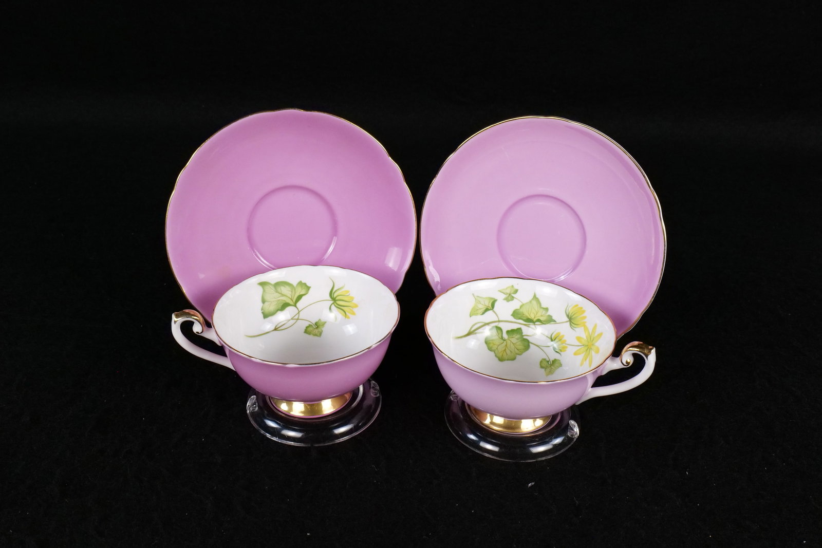 Lot of 2 Shelley "Celandine" Teacups and Saucers: Lot of 2 Shelley "Celandine" Teacups and Saucers. Pink saucer and outside cup. Pattern #457. Lincoln Shaped. This Shelley Collection came from the Judy and Jerry Silverman Collection. Most of the coll