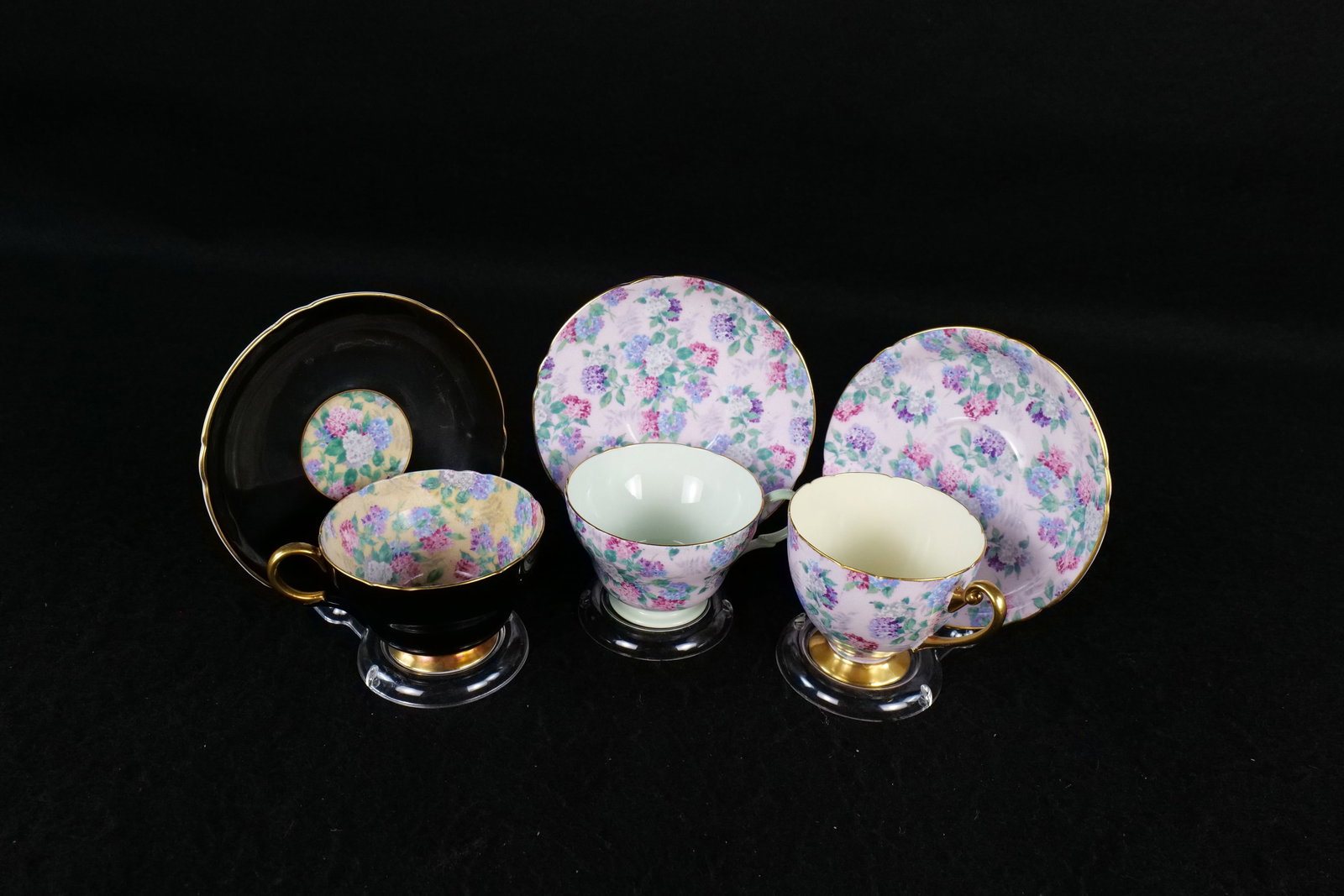 Lot of 3 Shelley "Morning Glory" Chintz Teacup and Saucers: Lot of 3 Shelley "Morning Glory" Chintz Teacup and Saucers. Including #13409 Henley in Black, Henley #13456, and Ripon Gold Gilded. This Shelley Collection came from the Judy and Jerry Silverman Colle