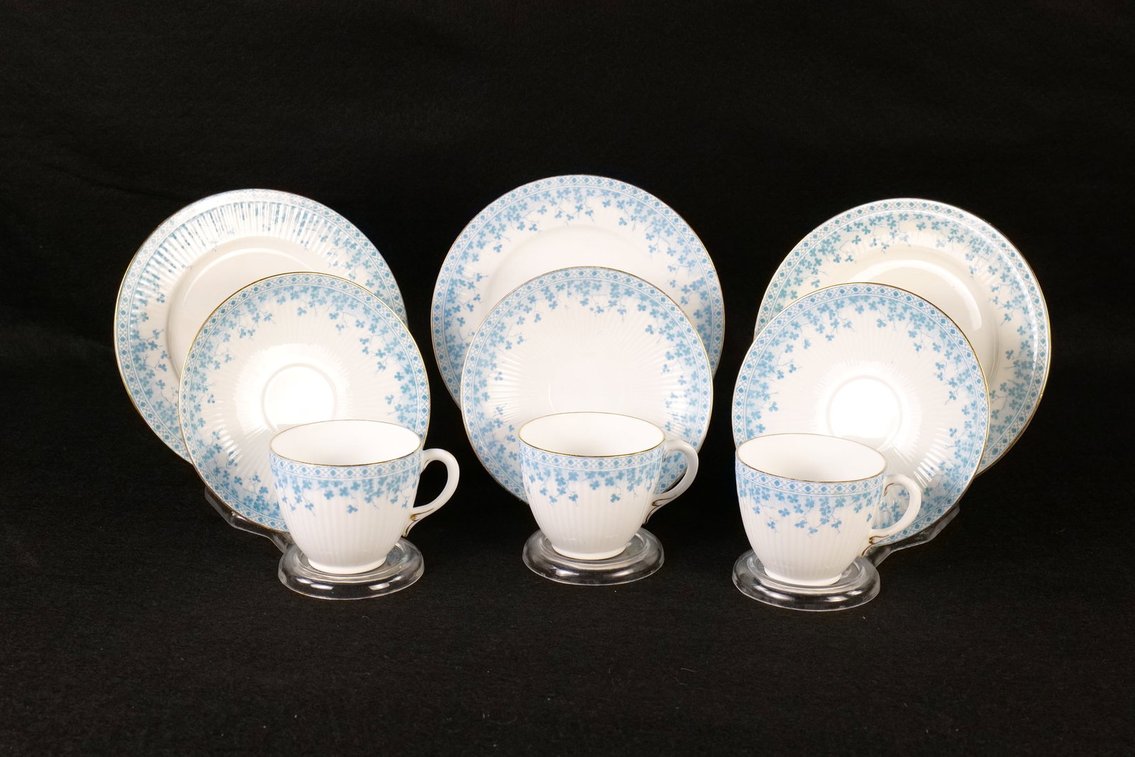 Lot of 3 Antique Foley Shelley Violet Border Trio Sets: Lot of 3 Antique Foley Shelley Violet Border Trio Sets. In Turquoise. Pattern #9920. Foley Flute Shape. Circa 1904-1910. One has a hairline crack. This Shelley Collection came from the Judy and Jerry 