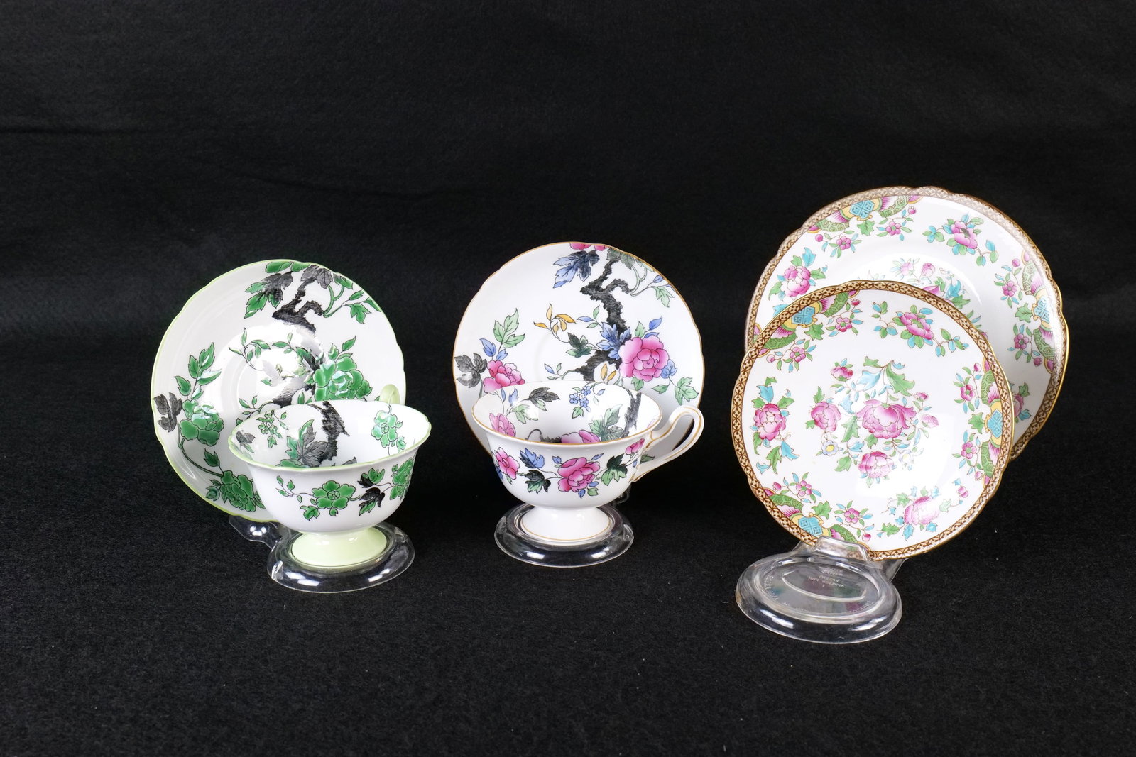 Lot of Shelley Bone China Enameled Pieces: Lot of Shelley Bone China Enameled Pieces. Including Gainsborough Chippendale #13673 Teacup and Saucer, Gainsborough Ovington #13216 Teacup and Saucer, and Indian Tree #9658 Saucer and Underplate Only