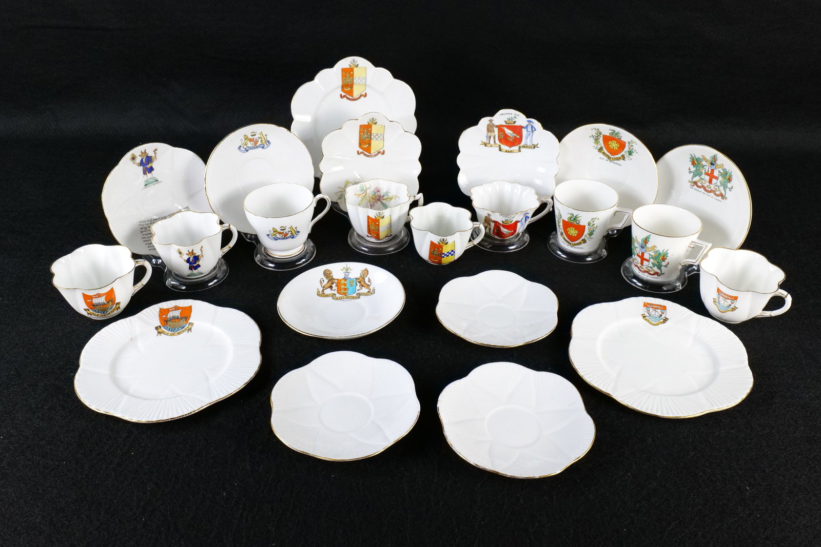Lot of 9 Shelley "Crest" Tea ware Sets: Lot of 9 Shelley "Crest" Tea ware Sets. Including "Rothesay", "Chester", "City of Leicester", "Halifax", "Dubbo", "London", "A Trusty Servant - All come with Marked Saucers. Also includes "Rothesay", 