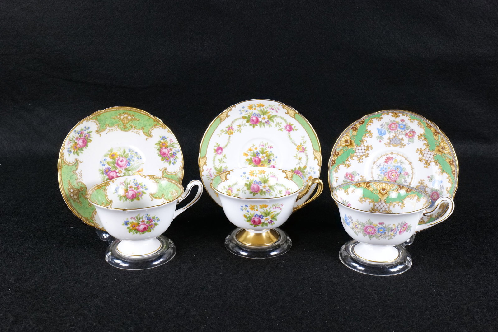 Lot of 3 Shelley Gainsborough Shaped Teacups and Saucers: Lot of 3 Shelley Gainsborough Shaped Teacups and Saucers. Including Dubarry #13390, Duchess #13401, and Sheraton #13290. All in Green. This Shelley Collection came from the Judy and Jerry Silverman Co