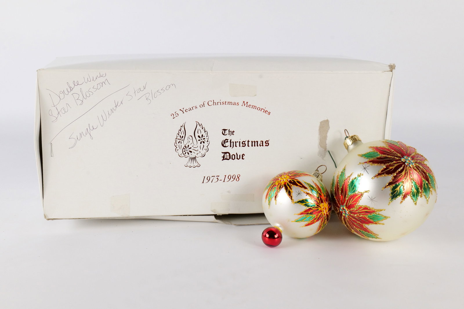 Lot of 2 Christopher Radko Poinsettia Ornaments: Lot of 2 Christopher Radko Poinsettia Ornaments. Including Petite Poinsettia Drop and Winter Star Blossom Poinsettia Ball. Largest measures approx. 5". Comes with 1 Box that is not a Radko. All invoic