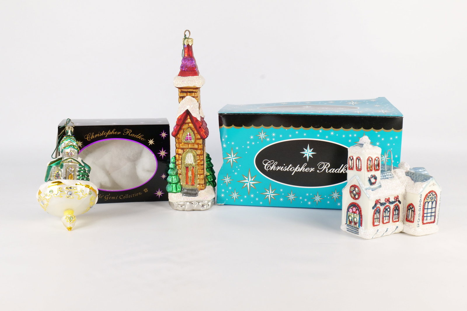 Lot of 3 Blown Glass Church Ornaments: Lot of 3 Blown Glass Church Ornaments. Including Christopher Radko Sugar Hill II, Radko Holiday Blessings Church Drop, and Waterford Church. The Radko's come with boxes which may not be original. The 