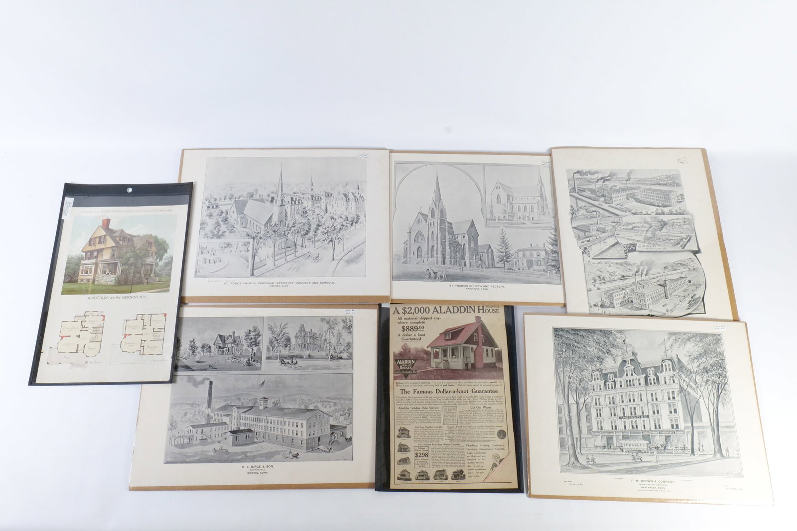 Lot of Vintage Prints and Ads: Lot of Vintage Prints and Ads. Including 5 Historic Places in Connecticut Prints, Aladdin House Ad, 1894 Cottage Mount Vernon NY Floor Plan and More. Tears to some edges. All invoices must be paid wit