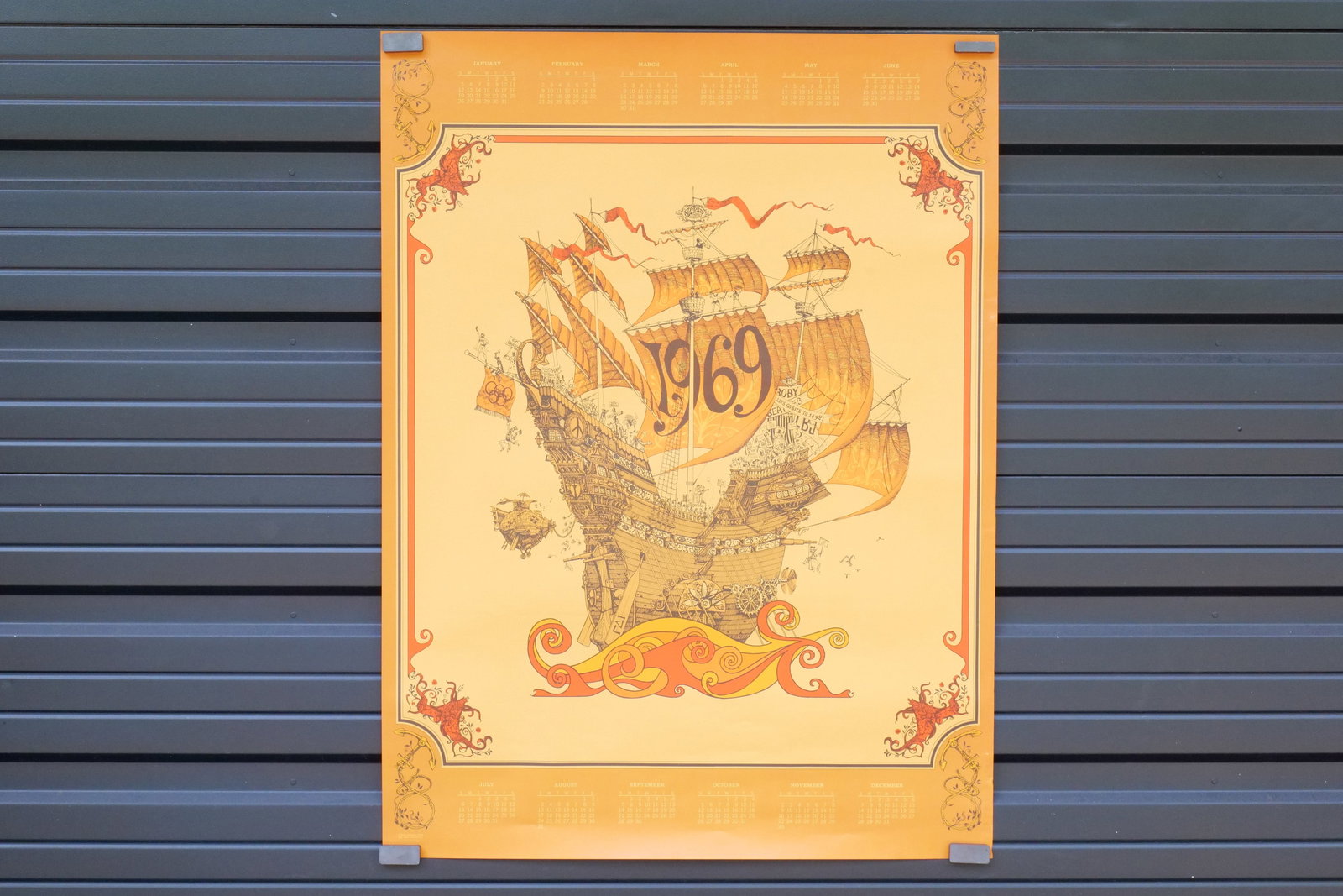 1969 Dave Schiller J. Michaelson Tall Ship Orange Calendar: 1969 Dave Schiller J. Michaelson Tall Ship Orange Calendar. On Heavy Paper. Damage to bottom right corner and slight damage to upper right. Measures 39" tall x 30" wide. There is an Odor. All invoices
