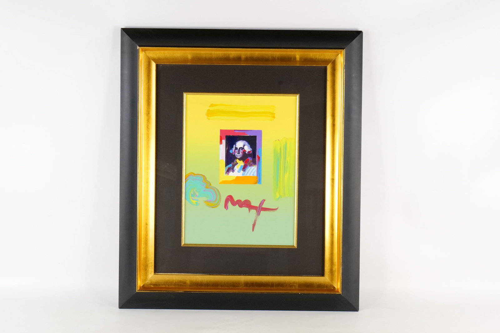 Original Peter Max George Washington: Peter Max George Washington (mini-deluxe) original oil/mixed media on paper. Depicting a colorful hombre background with a color border and oil streaks throughout. Signed lower center Max. Inscribed