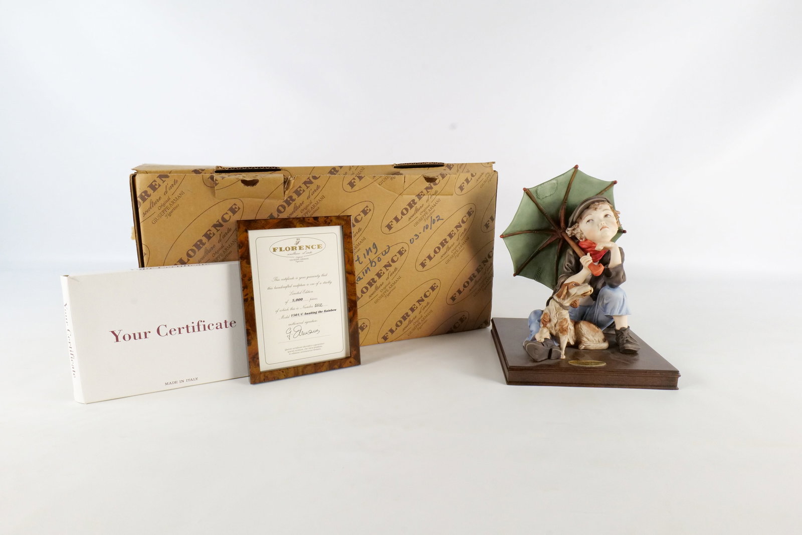 Armani Awaiting the Rainbow Figurine: Giuseppe Armani Awaiting the Rainbow figurine. Comes with original box and paperwork. #582 out of 5000. Measures approx. 9 1/2" tall x 8" wide. All invoices must be paid within 24 hours of the sale. W