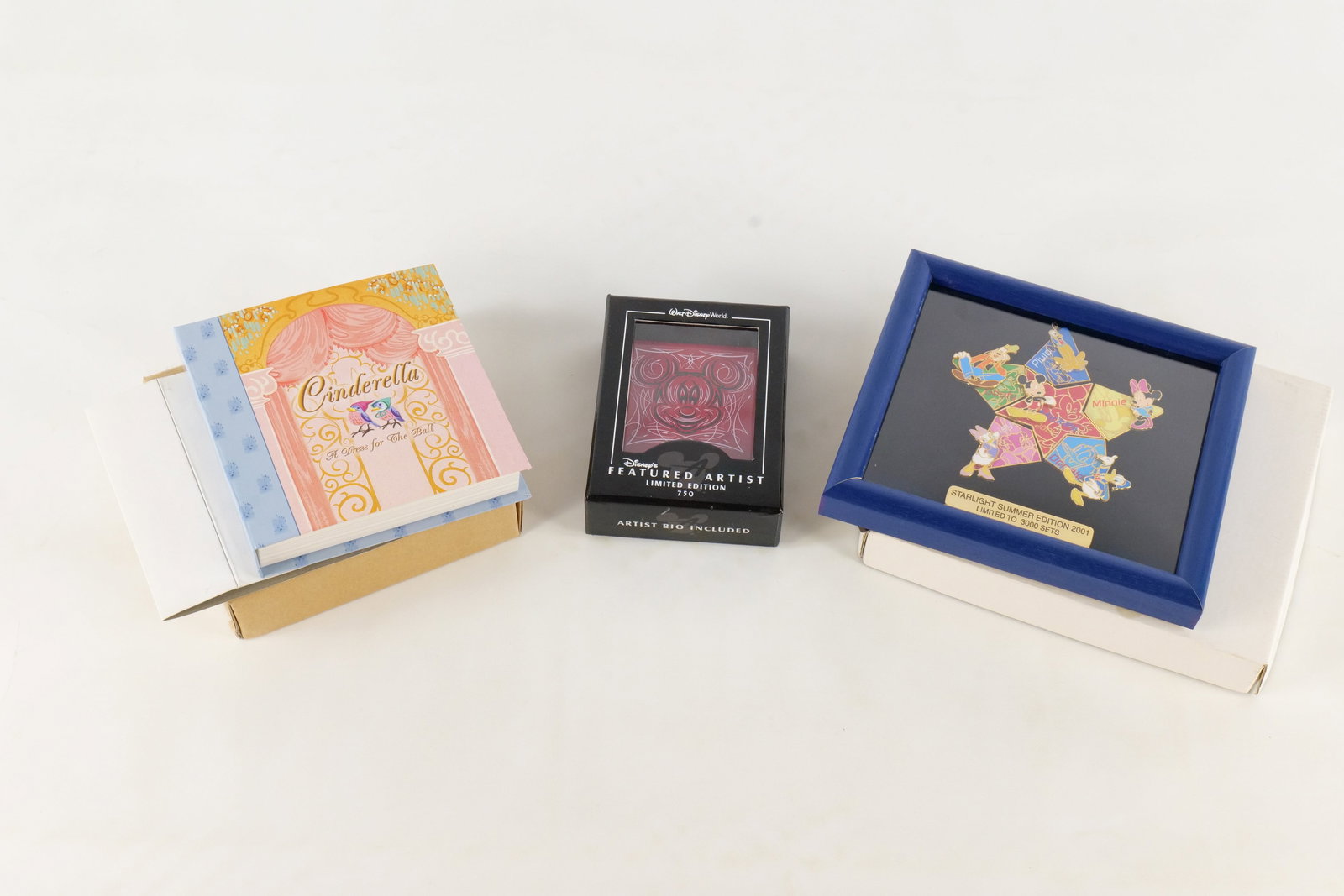 Lot of Disney Pins: Lot of Disney Pins. Including Mickey Featured Artist Limited Edition to 750, Cinderella - A Dress for the Ball - Disney Storybook Collection Pin, and Starlight Summer Edition 2001 - Limited Edition to