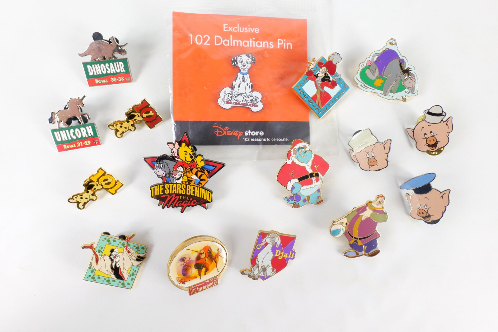 Lot of 16 Disney Character Pins: Lot of 16 Disney Character Pins. Including Three Pigs, 101 and 102 Dalmatians, Cruella, Eeyore, Pooh and Friends, Hook, Sulley and More. One comes with card back. All invoices must be paid within 24 h