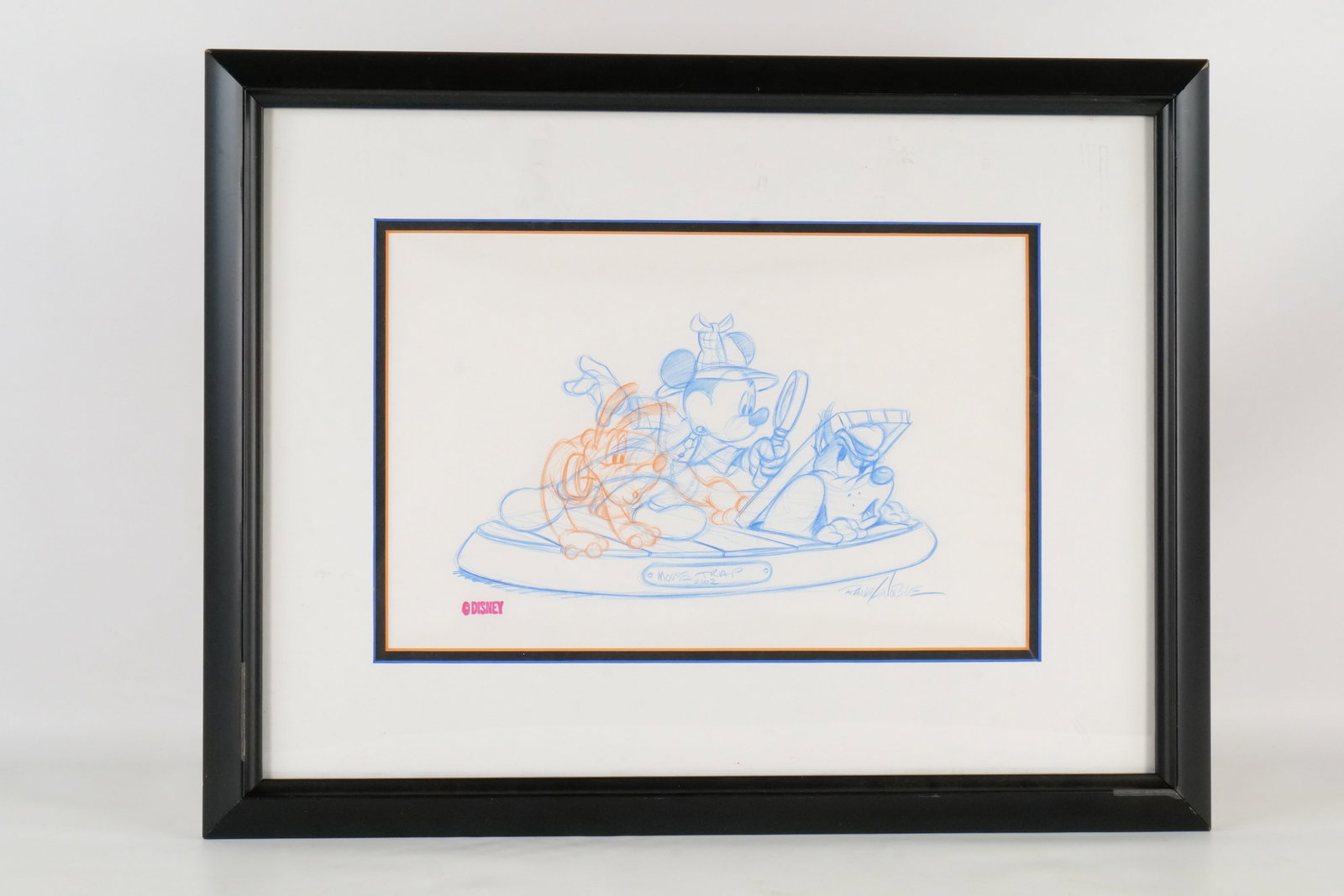 Disney Sketch Entitled "Mouse Trap" by Randy Noble: Framed 2002 Disneyana Convention Sketch Entitled "Mouse Trap". Signed by artist Randy Noble. Features Mickey Mouse as sleuth with Pluto. Concept drawing for the resin figurine produced later. Possible