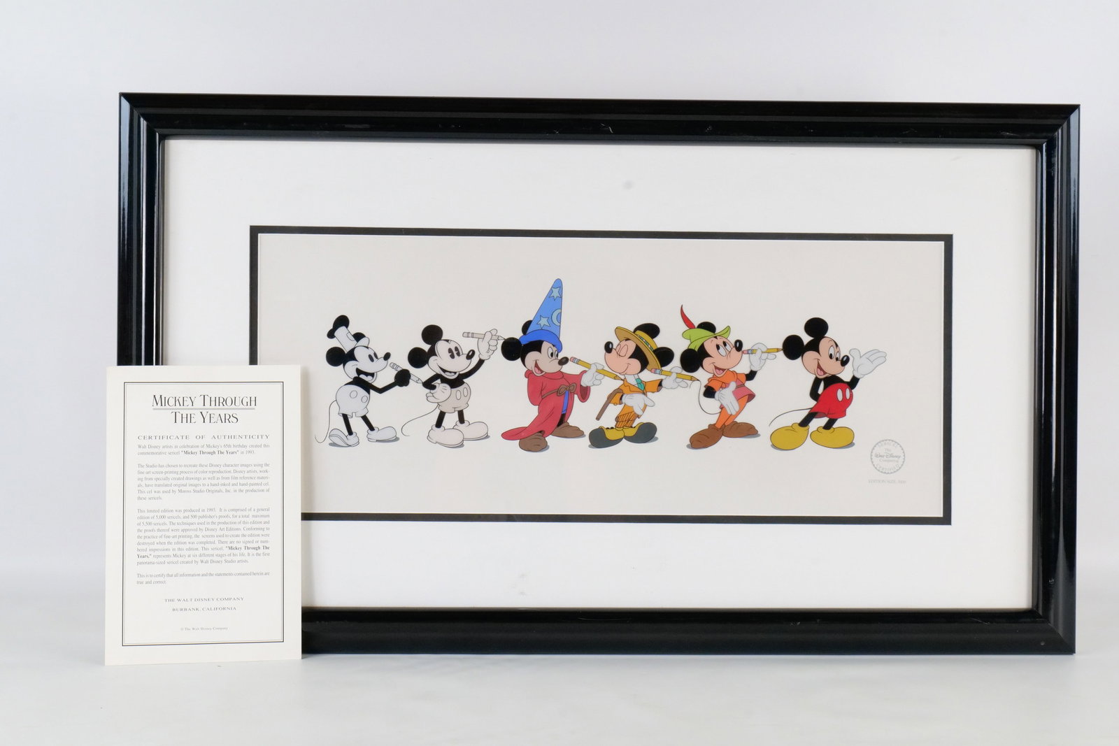 Walt Disney "Mickey Through the Years" Sericel: Walt Disney "Mickey Through the Years" Sericel. Created to celebrate Mickey Mouse's 65th birthday in 1993. Limited Edition 5000 pieces. Depicts Mickey Mouse through his life cycle in six different fil