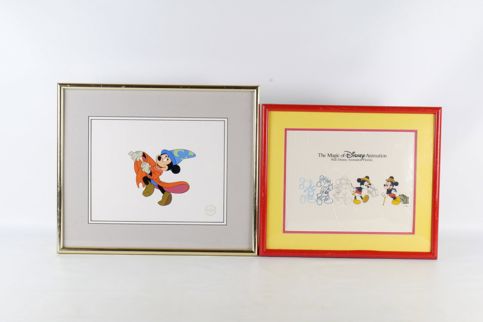 Lot of 2 Disney Pieces of Art: Lot of 2 Disney Pieces of Art. Including Sorcerer Mickey Serigraph Cel And the Magic of Disney Animation Traveling Mickey Artwork from Walt Disney Animation Florida. Both are Framed and matted . The p
