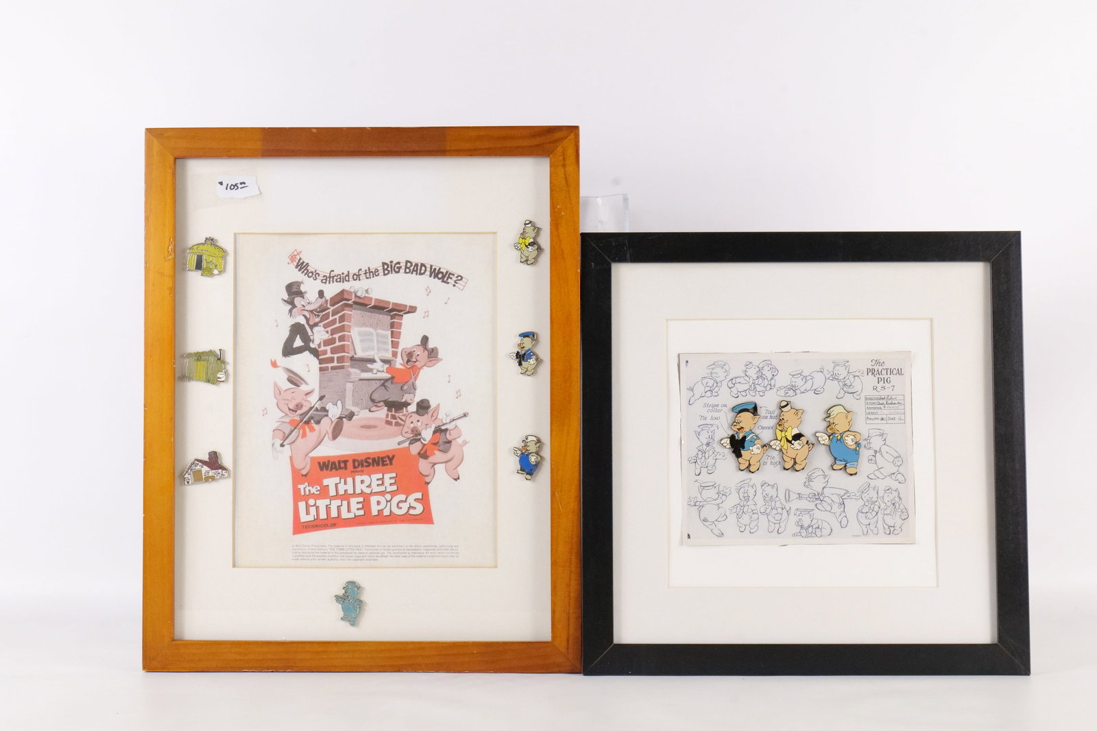 Lot of 2 Walt Disney Three Little Pigs Framed Pin Sets: Lot of 2 Walt Disney Three Little Pigs Framed Pin Sets. Including one custom made with seven pins on the matte and a model sheet pin set with the Three Little Pigs. Frames have some wear and scratchin