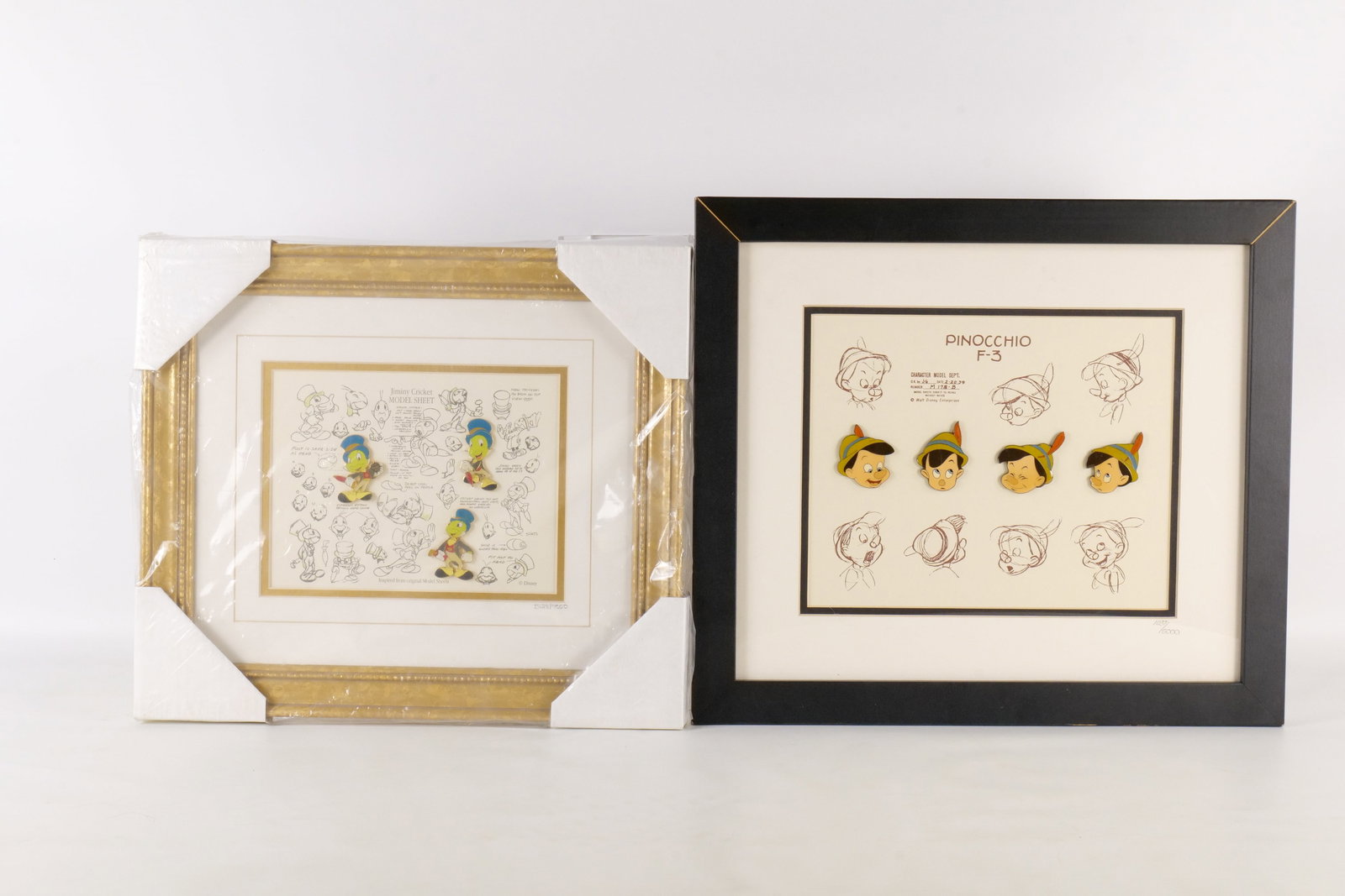 Lot of 2 Framed Walt Disney Character Model Sheet Pin Sets: Lot of 2 Framed Walt Disney Character Model Sheet Pin Sets. Including Pinocchio and Jiminy Cricket. Both come with COA's on the backside. The Jiminy Cricket is still sealed. Largest frame measures 15 