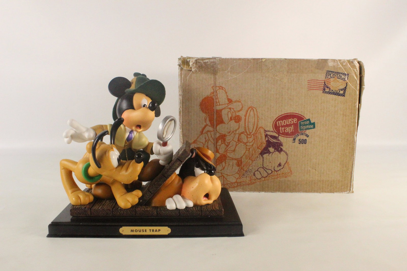 2002 Disneyana Convention "Mouse Trap" Resin Figurine - AS-IS: 2002 Disneyana Convention "Mouse Trap" Resin Figurine. Depicting Detective Mickey, Pete, and Pluto. Signed on bottom by artist Robert King and Randy Noble. Limited edition of 500 pieces. Pluto's ear h