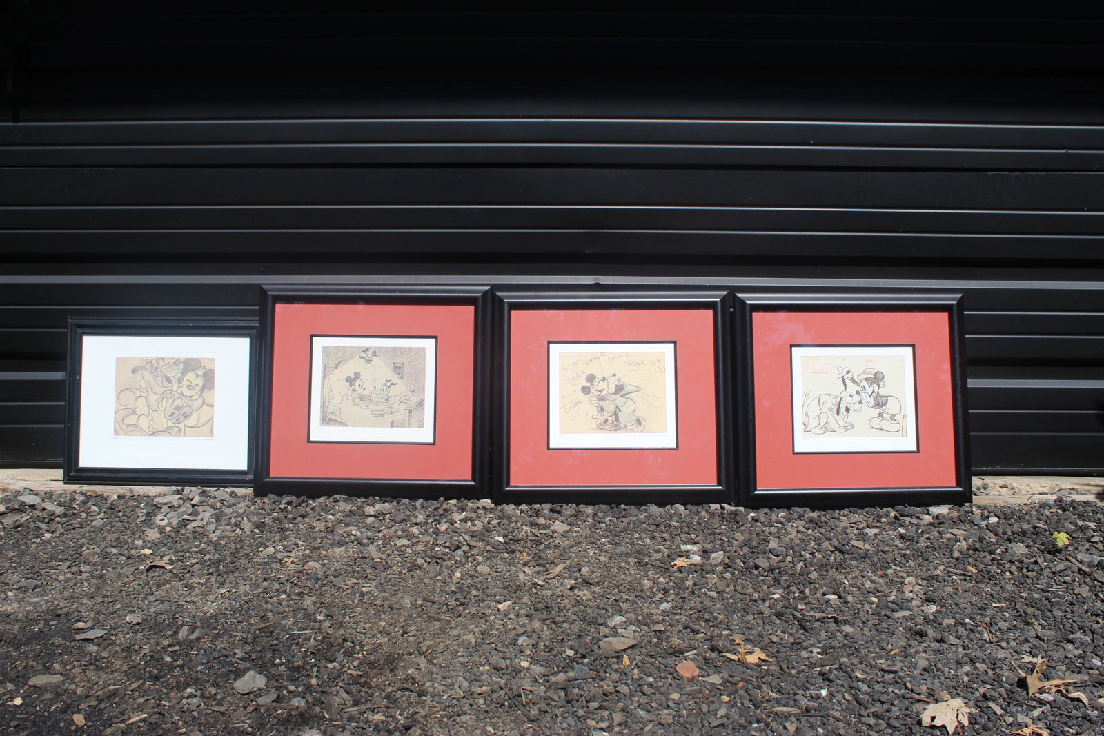 Lot of 4 Framed Disney Sketch Prints: Lot of 4 Framed Disney Sketch Prints. Including Mickey Plays Papa, Pluto's Dream House, Society Dog Show, and The Brave Little Tailor. The brave little tailor has some foxing to the white paper around