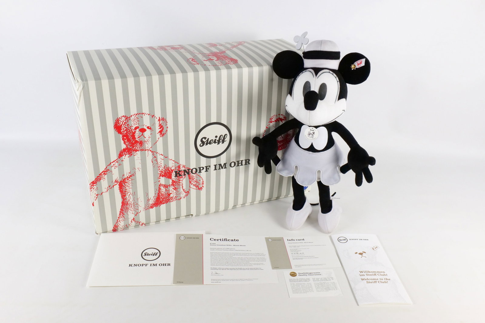 Steiff Disney Steamboat Willie Minnie Mouse: Steiff Disney Steamboat Willie Minnie Mouse. Limited to 1090 pieces. Made of finest Trevira velvet. Black and white. Has ear tag and original tags. Comes with original box and COA. Measures 19 1/2 inc
