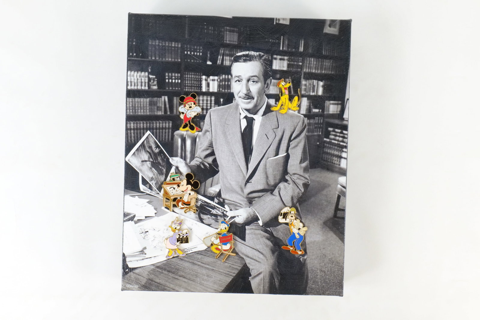 Walt with Characters Frame Set: Walt with Characters Frame Set. By artist Raul Guerra and Chris Hovian. Limited edition to 100 pieces. Dated September 8th-10th 2006. Depicting a canvas of Walt Disney with 6 pins around him. Measures