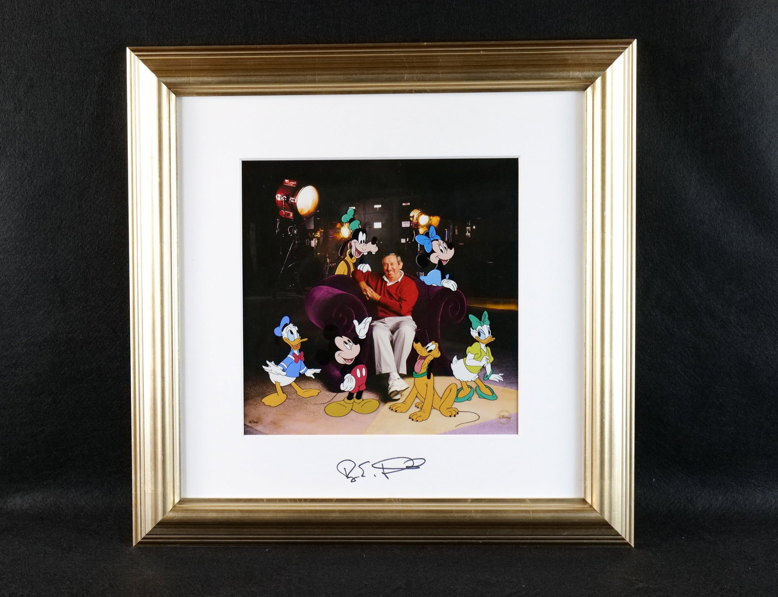 Roy Disney and Friends Framed Hand Painted Cel: "Roy Disney and Friends" Framed Hand Painted Cel. Autographed by Roy E Disney. Limited edition of 300 pieces. This piece features a photograph of Roy E Disney surrounded by classic characters includin