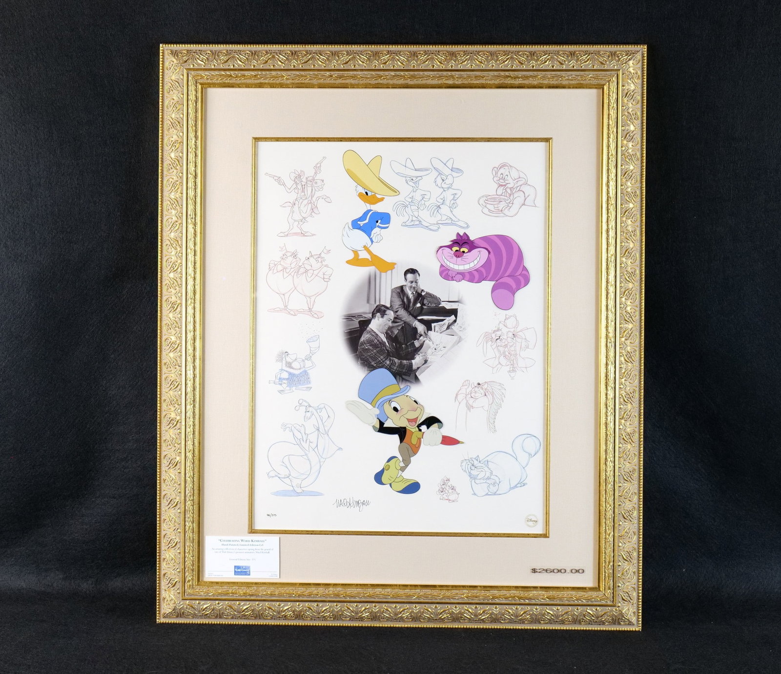 Walt Disney "Celebrating Ward Kimball" Hand Painted Cel: Walt Disney "Celebrating Ward Kimball" Hand Painted Limited Edition Cel. Limited Edition #96 out of 375. Signed by Ward Kimball. Features full color images of Amigo Donald, Cheshire Cat and Jiminy Cri