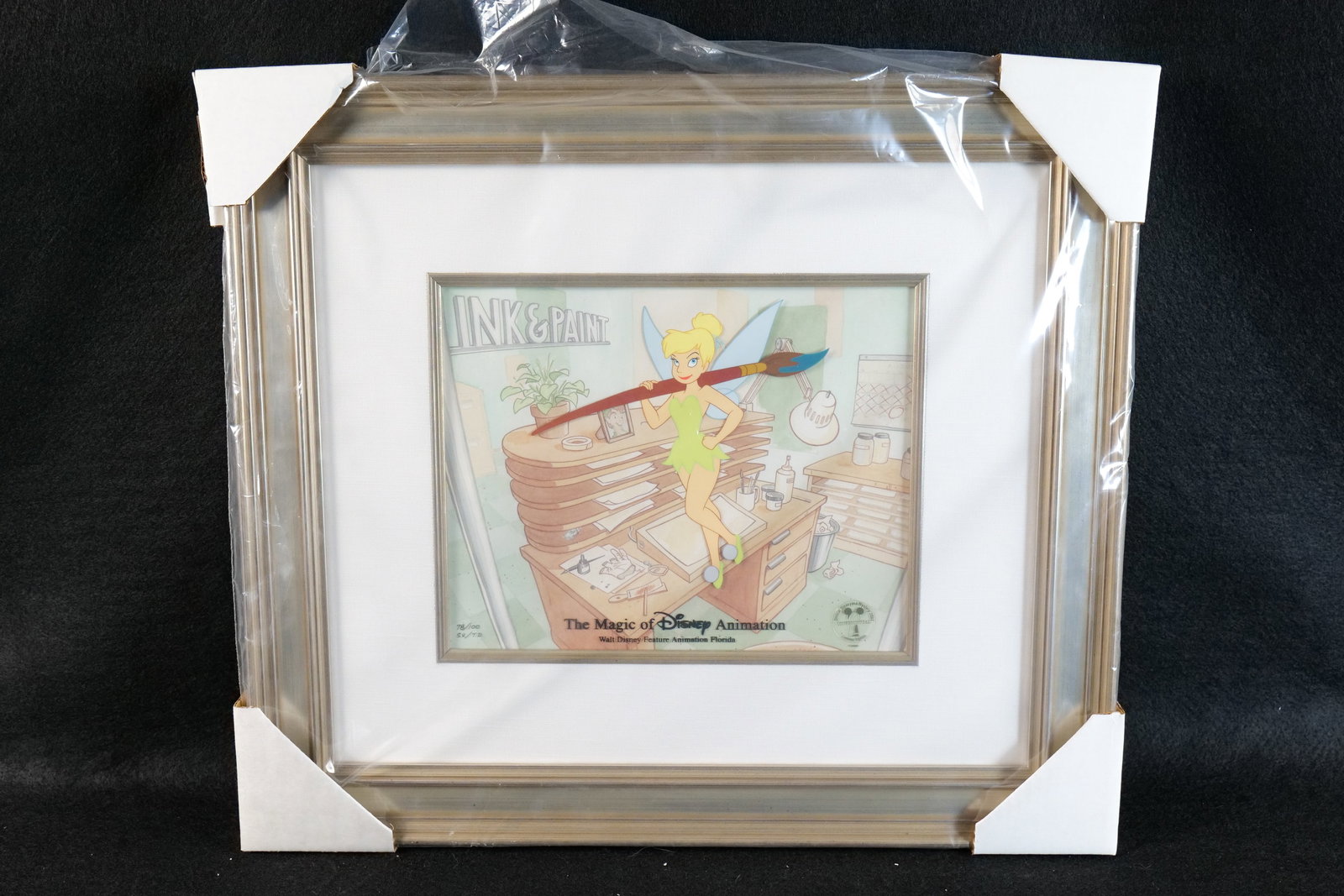 Disney Animation Tink, Ink, and Paint Cel: Disney Animation Tink, Ink, and Paint Cel featuring Tinker Bell. Limited Edition #78 of 100. From the Disneyana 2002 Convention. New condition with COA. Comes with shipper box. Measures 20 inches long