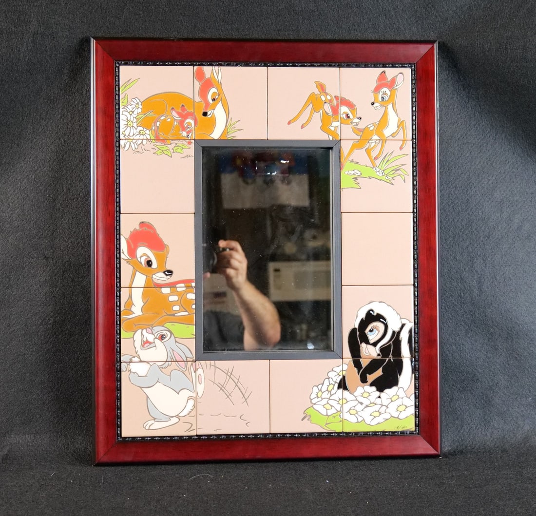 Walt Disney "Reflections of Bambi" Art Ceramic Tile Mirror: Walt Disney "Reflections of Bambi" Art Ceramic Tile Mirror. Signed by artist Ollie Johnston and Frank Thomas. Limited Edition #18 of 50. Please note that the tiles are coming loose in a few areas. Mea