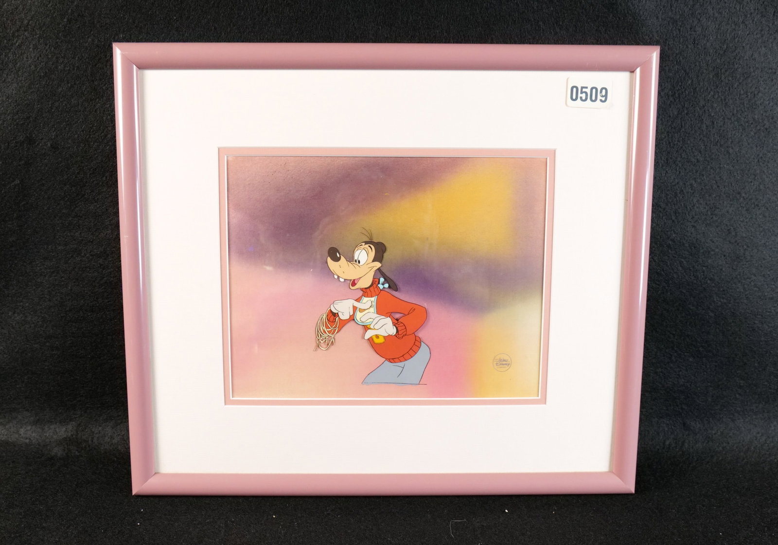 Disney "Goof Troop" Original Hand Painted Production Cel: Disney "Goof Troop" Original Hand Painted Production Cel. Depicting Goofy. Framed and matted. Has the Disney Silver seal on the bottom right. Measures 16 inches tall by 18 1/2 inches wide. All invoice
